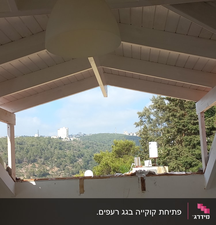 גג עץ משופע עם קורות לבנות ותקרה פתוחה